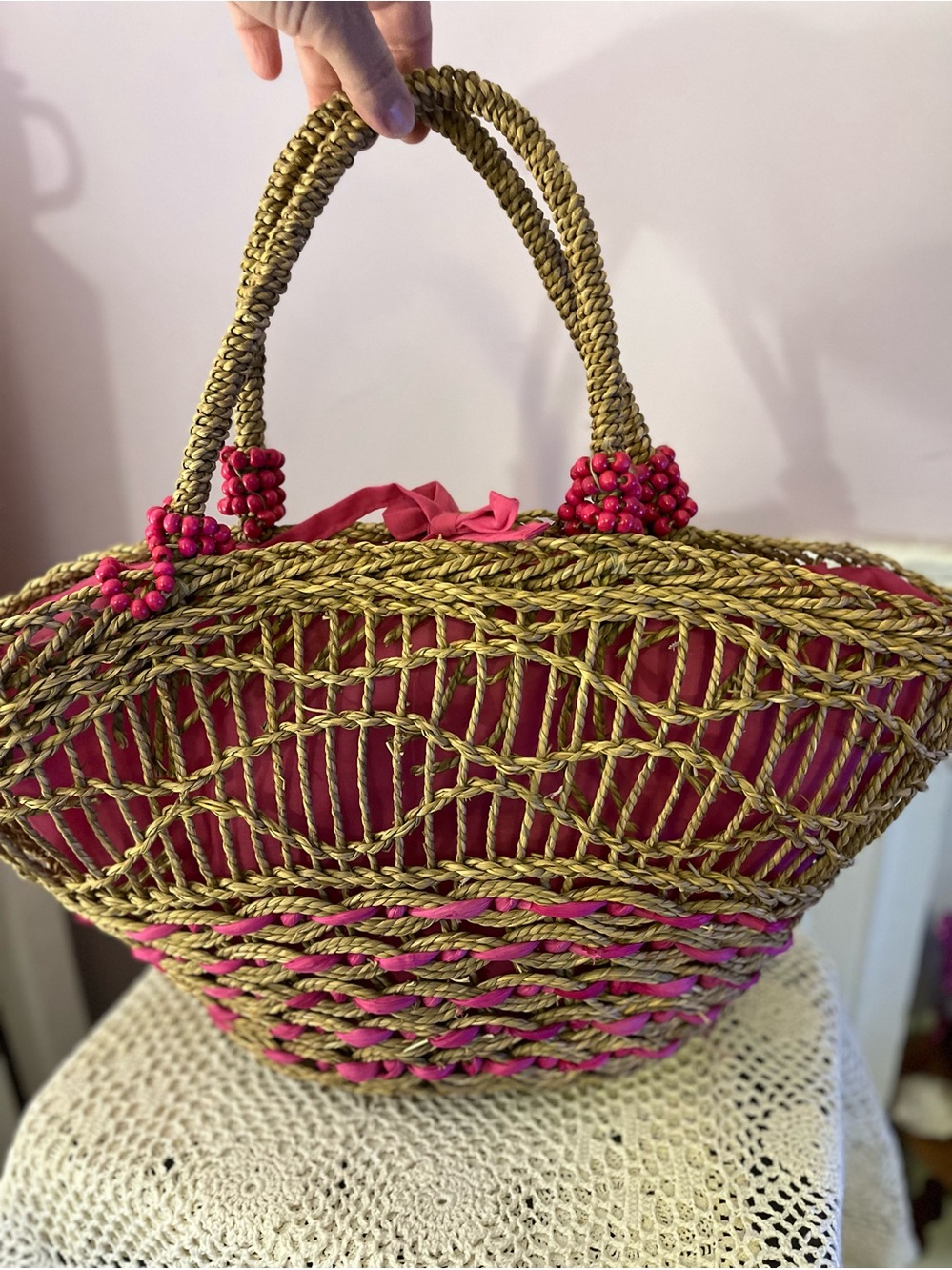 Woven Straw Tote with Pink Liner and Accents by LA SERA